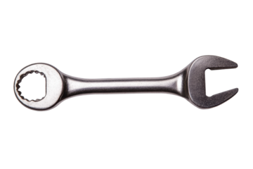 Silver metal wrench tool isolated on white background for repair and maintenance, cut out
