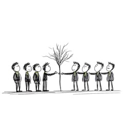 Obraz premium Businesspeople Supporting a Sapling Monochromatic Sketch Illustration