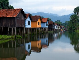 Obraz premium A scenic view of colorful stilt houses alongside a calm river, reflecting the vibrant structures against a backdrop of mountains and lush greenery.