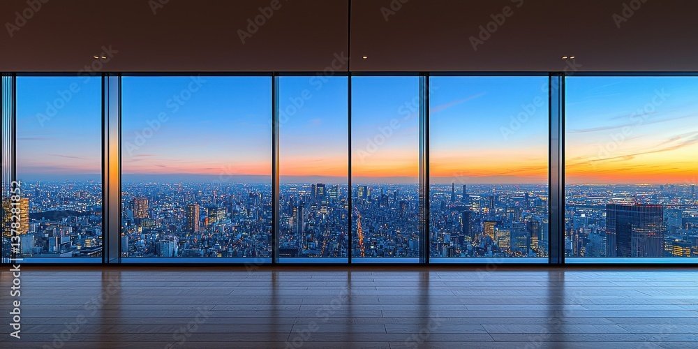 Poster a city skyline is visible through a large window in a building