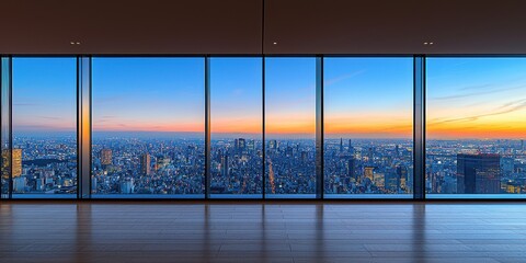 Fototapeta premium A city skyline is visible through a large window in a building