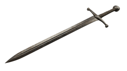 An old, corroded sword affected by rust, starting to decay, a vintage medieval classic sword made of pure steel, set against a transparent background.