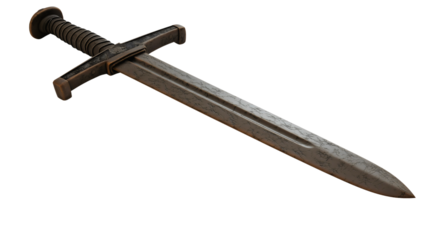 A steel sword lying on its side, a medieval sword with a traditional design, forged by a skilled blacksmith, a steel sword that is beginning to corrode.