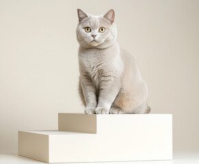 Elegant gray cat sitting on minimalist stepped platform