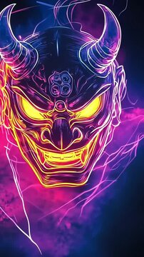 Oni mask art Fiery-eyed demon with horns, vibrant neon glow, and smokey background, creating an edgy vibe
