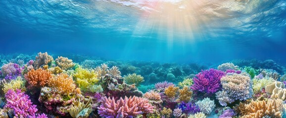 Naklejka premium A vibrant underwater landscape showcases colorful coral reefs and the ocean