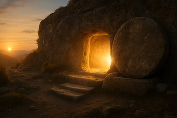 Empty Tomb of Jesus at Sunrise – Glowing Resurrection Scene Symbolizing Hope, Eternal Life, Easter Morning, Christian Faith and Victory Over Death