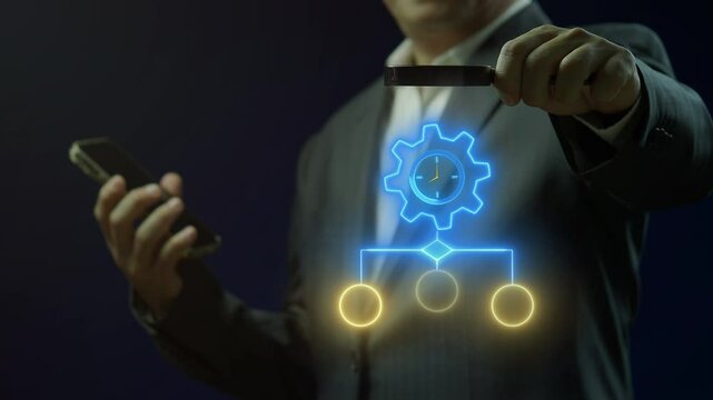 Business efficiency concept, how much a company or organization can produce as it relates to time, cost and quality. Businessman shows animated workflow efficiency icon on virtual screen.