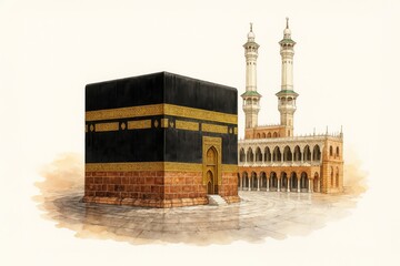 Makkah's Holy Kaaba and Masjid al-Haram, a watercolor illustration of religious significance.