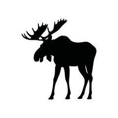 A black and white vector silhouette of a female moose standing gracefully with a strong posture on a white background