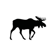 A black and white vector silhouette of a female moose grazing peacefully on a white background