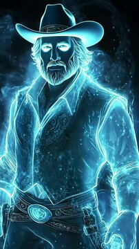 Spectral cowboy figure glows in blue, wearing hat, vest, and belt. Ethereal and otherworldly