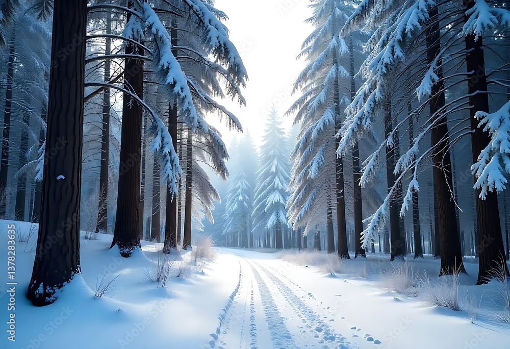 Poster generative ai a serene winter landscape with snow-covered trees and a snow-covered path through a fo