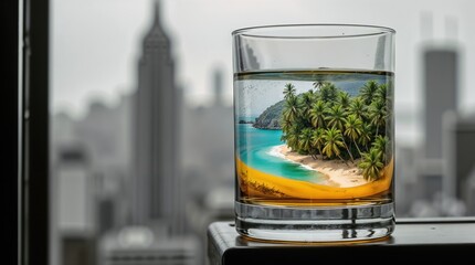 Naklejka premium Dream vs. reality: tropical island in a glass