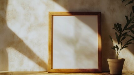 Fototapeta premium Wooden frame mockup template on table with plant and sunlight shadows art