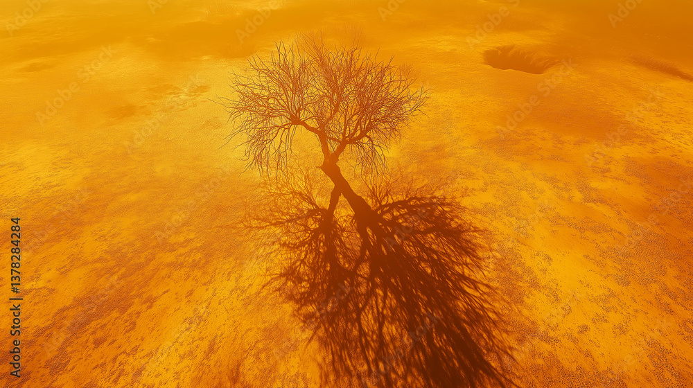 Aufkleber a golden desert with a single lone tree casting an infinite shadow