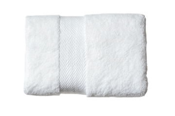 Folded white towel on white background with textured pattern, cut out