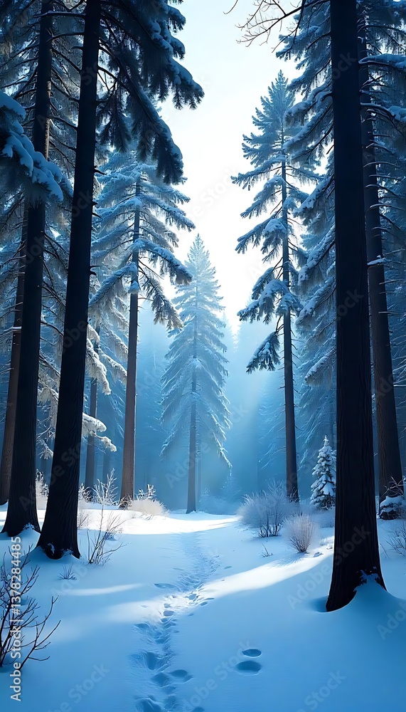 Aufkleber generative ai a pathway through the snowy winter forest in soft light with tall trees covered in sno