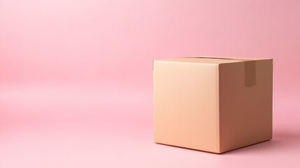 Obraz premium A simple, sturdy cardboard box sits on a soft pink background, promising a delightful surprise inside.