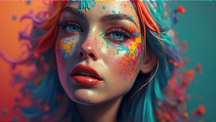Fototapeta premium A young artist showcases their creativity with a striking blend of bright colors on their face, capturing attention with a playful expression.