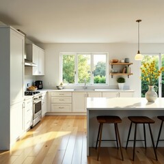 Sunlit kitchen, large island with sink, hanging lights , farmhouse sink, kitchen design, sunlight