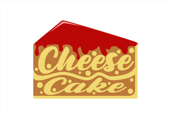 cheese cake slice vector logo with strawberry illustration and typography