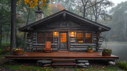 Misty Autumn Cabin on a Pond
