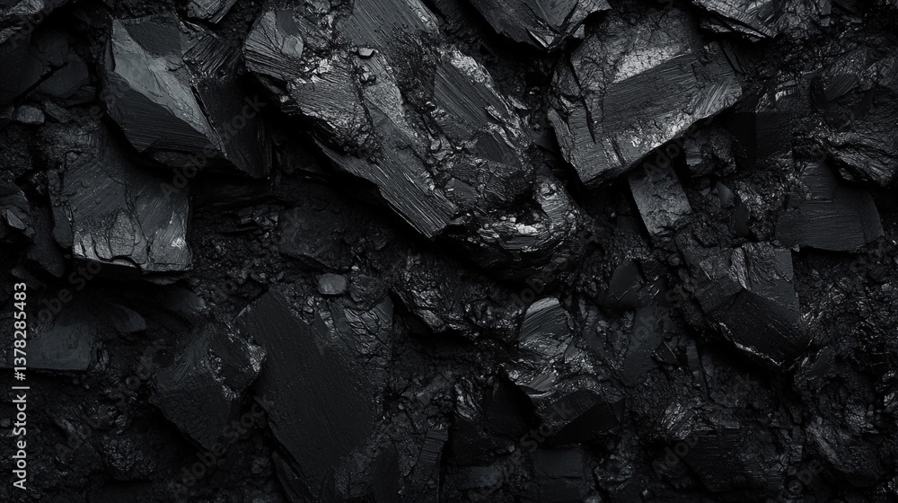 Poster a close up view of shiny black rocks and stone fragments creating a textured dark background scene