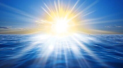 Fototapeta premium The bright sun radiating over blue ocean water at the horizon
