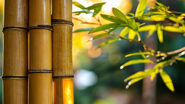 Golden bamboo fence, sunlit leaves