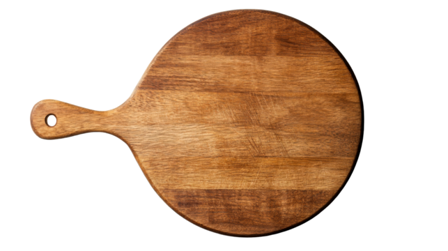 Wooden chopping board with handle, round serving tray, woodgrain, cut out transparent