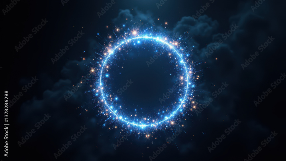 Poster a glowing circular symbol with blue sparkles against a dark backdrop, representing a futuristic or m