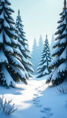 Obraz premium Generative AI Snowy Pine Forest Trail: Winter Wonderland Landscape with Footprints