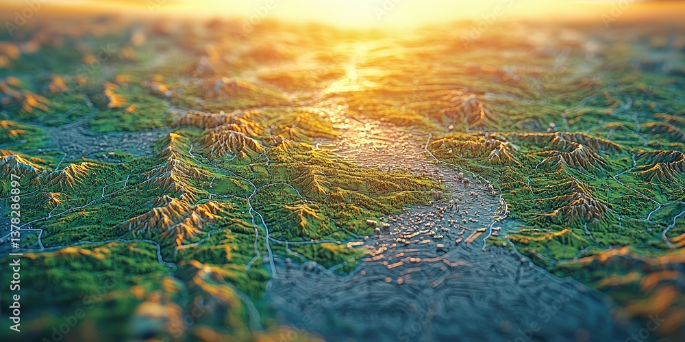 Poster a computer generated image of a mountain range with a river running through it