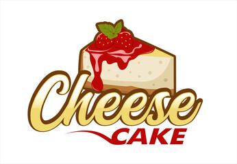 cheese cake slice vector logo with strawberry illustration and typography