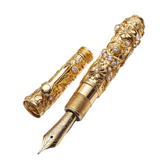 Naklejka premium Luxury golden fountain pen, high-end craftsmanship, ultra-HD detailing, isolated on a white background --v 6.1
