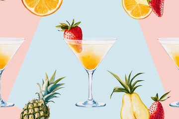 A vibrant pattern featuring cocktails with strawberries, pineapples, and citrus fruits against a pastel background.
