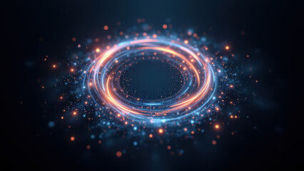 A futuristic abstract digital graphic with a swirling pattern of blue lights.