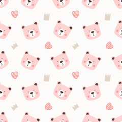 Cute vector pattern of bear faces and hearts in soft pink colors for kids design. Vector illustration