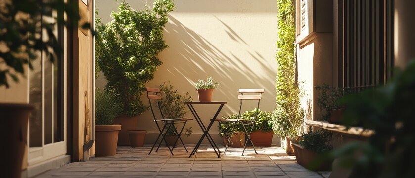 A serene outdoor patio featuring plants, chairs, and a small table bathed in soft light.