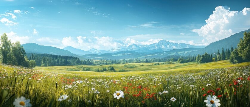 A serene mountain landscape with vibrant flowers and clear blue skies.