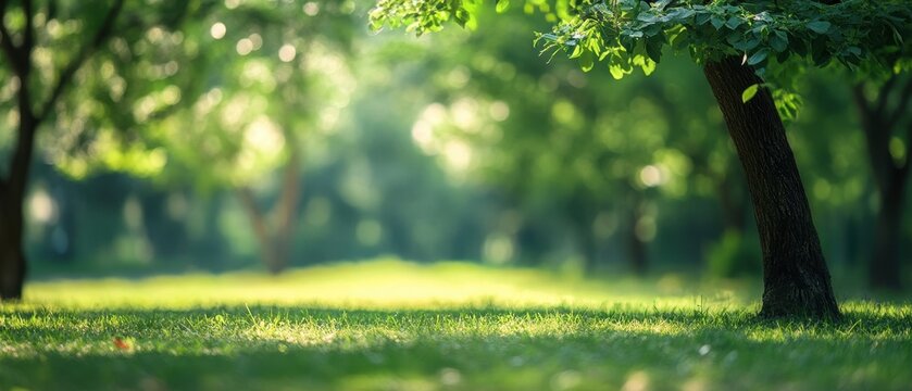 A serene park with lush green trees and sunlight streaming through the leaves.
