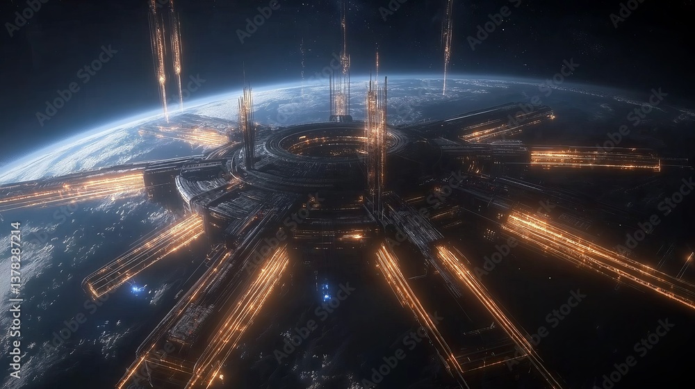 Fototapete A massive space station orbiting Earth with glowing energy lines.