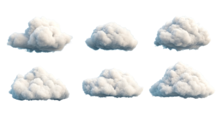 Six fluffy white clouds in different shapes, cut out transparent