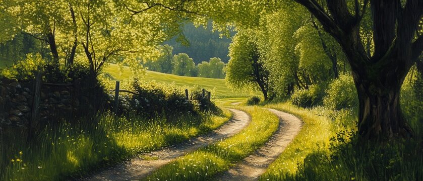 A serene winding path through lush greenery and vibrant trees in a tranquil landscape.