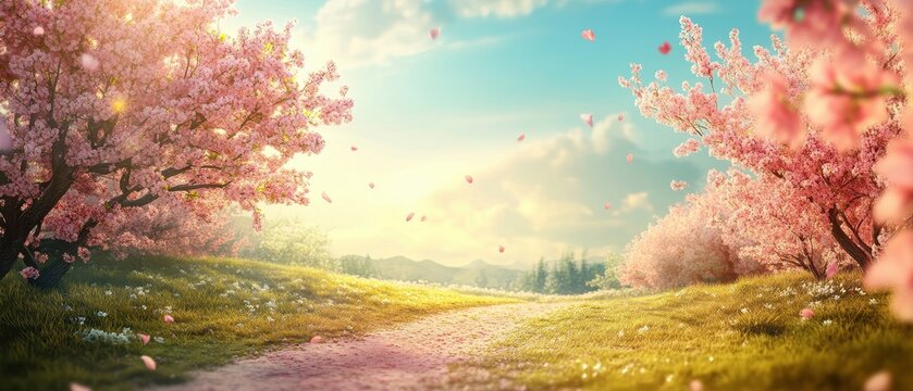 A tranquil pathway amidst blooming cherry blossom trees in a serene environment.