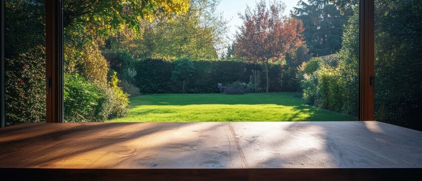 A tranquil view from a modern window overlooking a lush green garden.