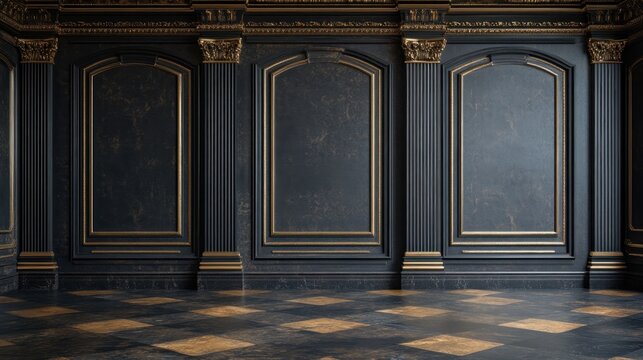 Luxurious dark wood paneling interior with gold accents