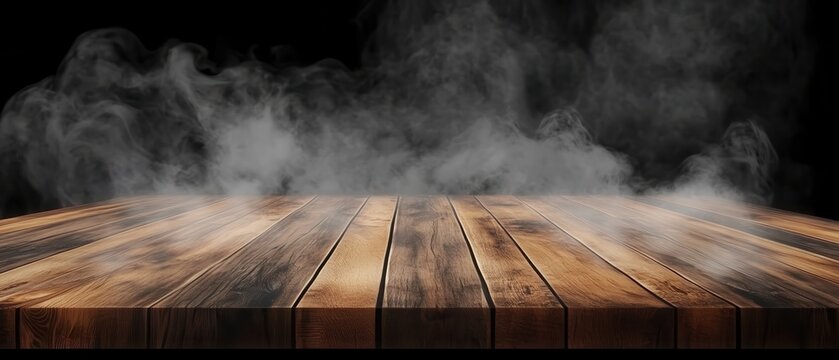 A wooden surface with a smoky ambiance, perfect for culinary presentations.