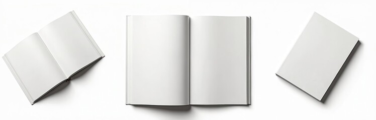 Open, closed book mockups isolated white background. Blank pages for text, design, presentation. Textbook, literature concept for reading, publishing, education. Hardcover book templates for